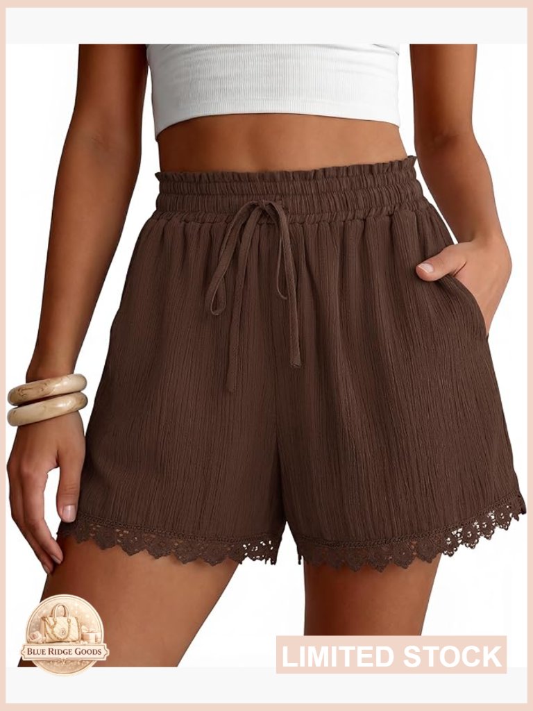 Wide Leg Lace Trim Shorts With Pockets Elastic Drawstring Waist Y2k Summer